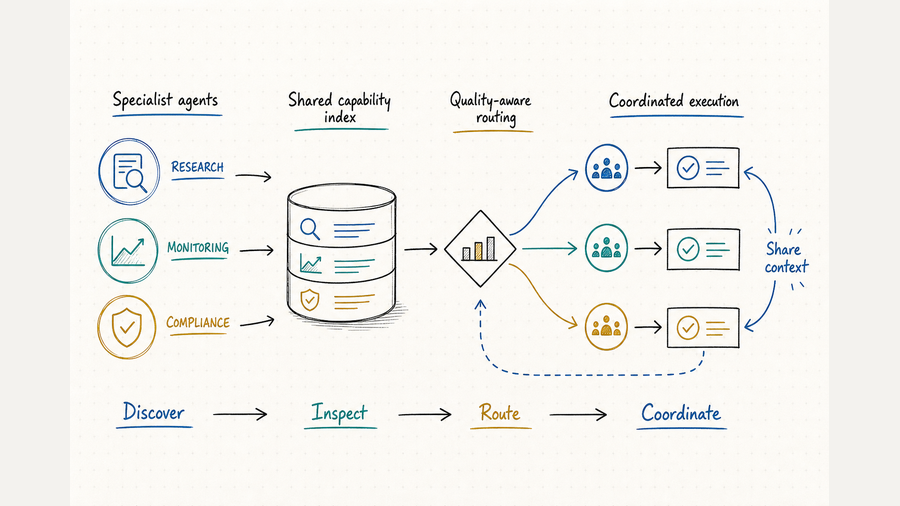 Specialist agents coordinate through a shared capability index and quality-aware routing