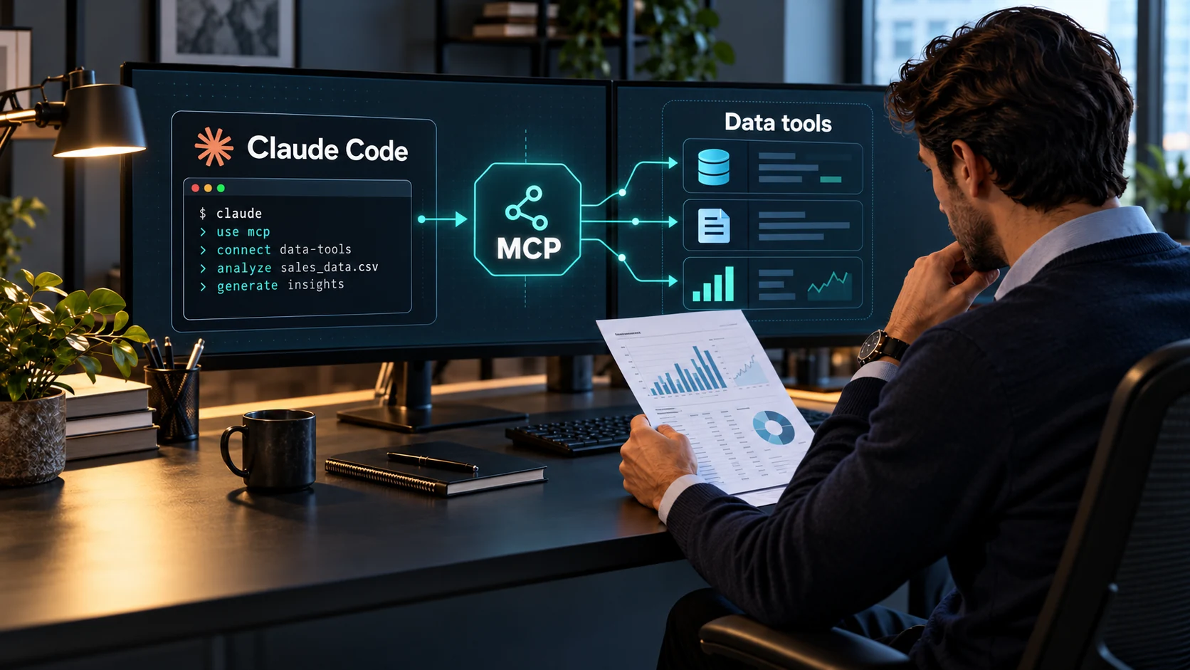 Claude Code 通过 MCP 连接数据工具、分析师在旁核查纸质报告的概念示意图。