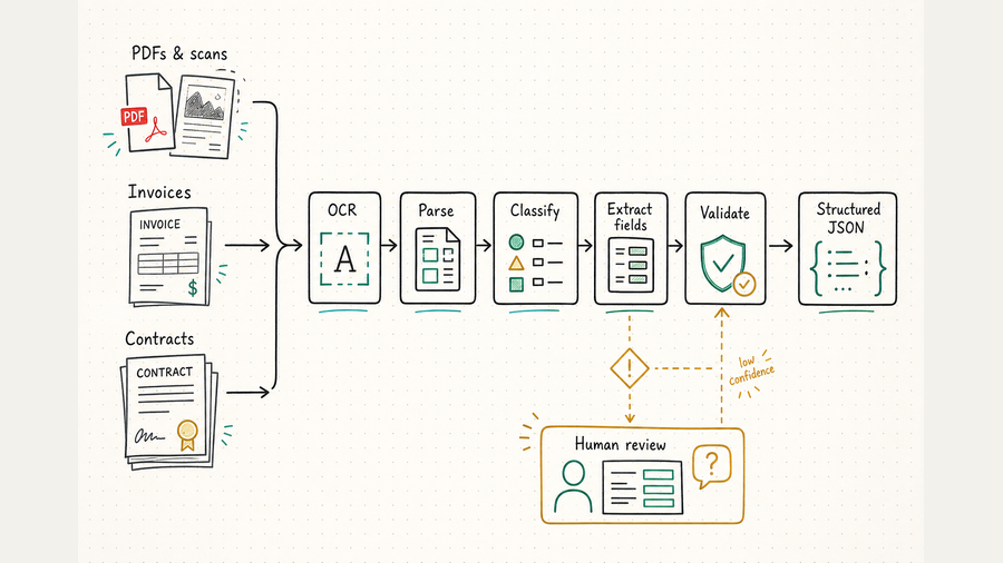 Document processing agent workflow from OCR to structured JSON and human review