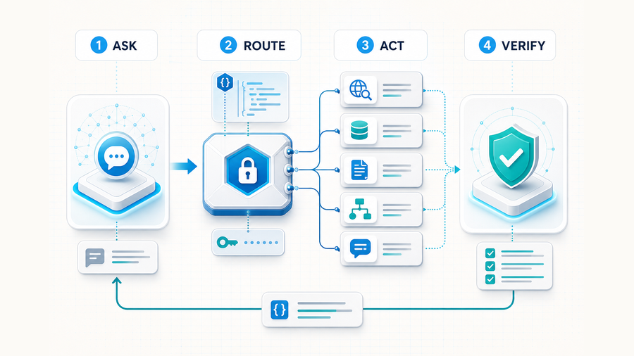ChatGPT workflow routing controlled requests through an orchestration gateway to six external API capabilities