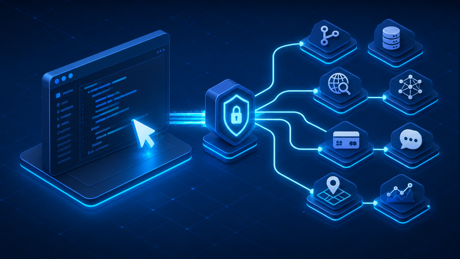 An AI coding agent routing requests through a secure gateway to multiple API capabilities