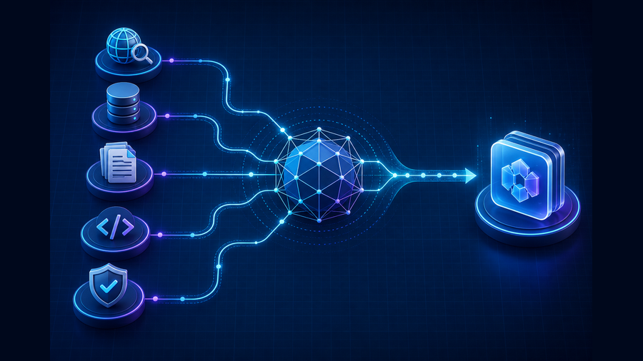 External search, database, documents, code, and safety APIs flowing through a reasoning core into a controlled result