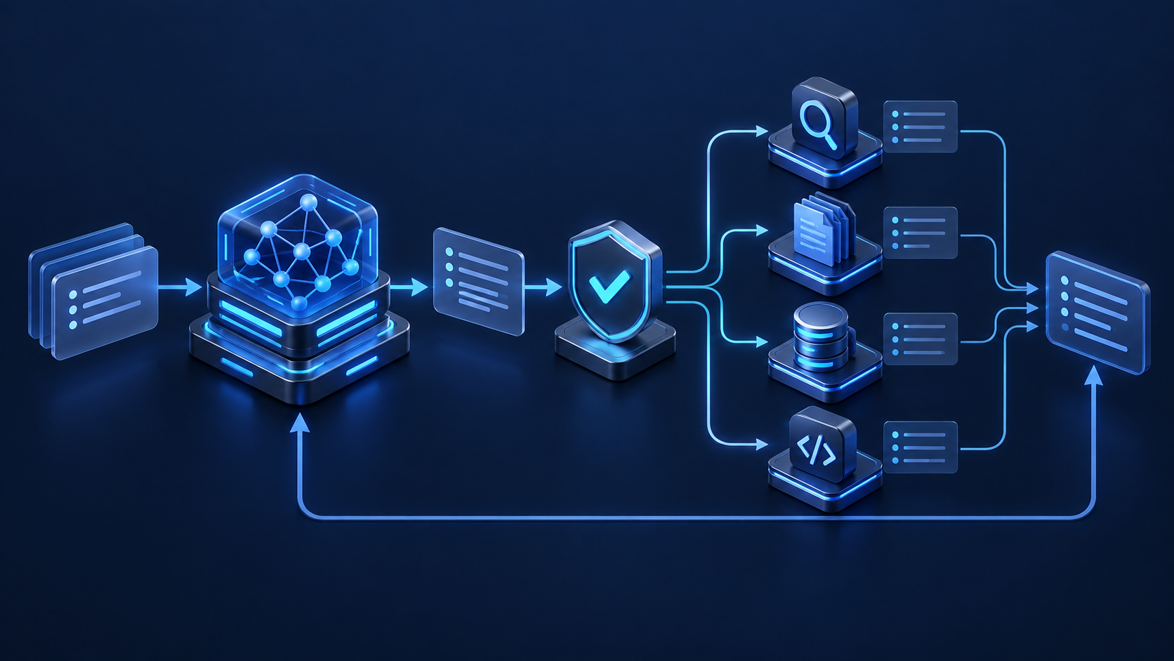 深蓝色 DeepSeek 工具工作流概念图：AI 助手使用参数校验后调用网页搜索、文档检索、数据库与代码仓库工具，汇总带来源证据的研究报告。