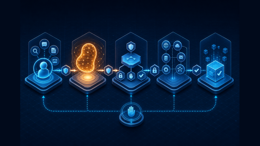 Doubao workflow routing user intent through policy controls to external APIs and a verified result