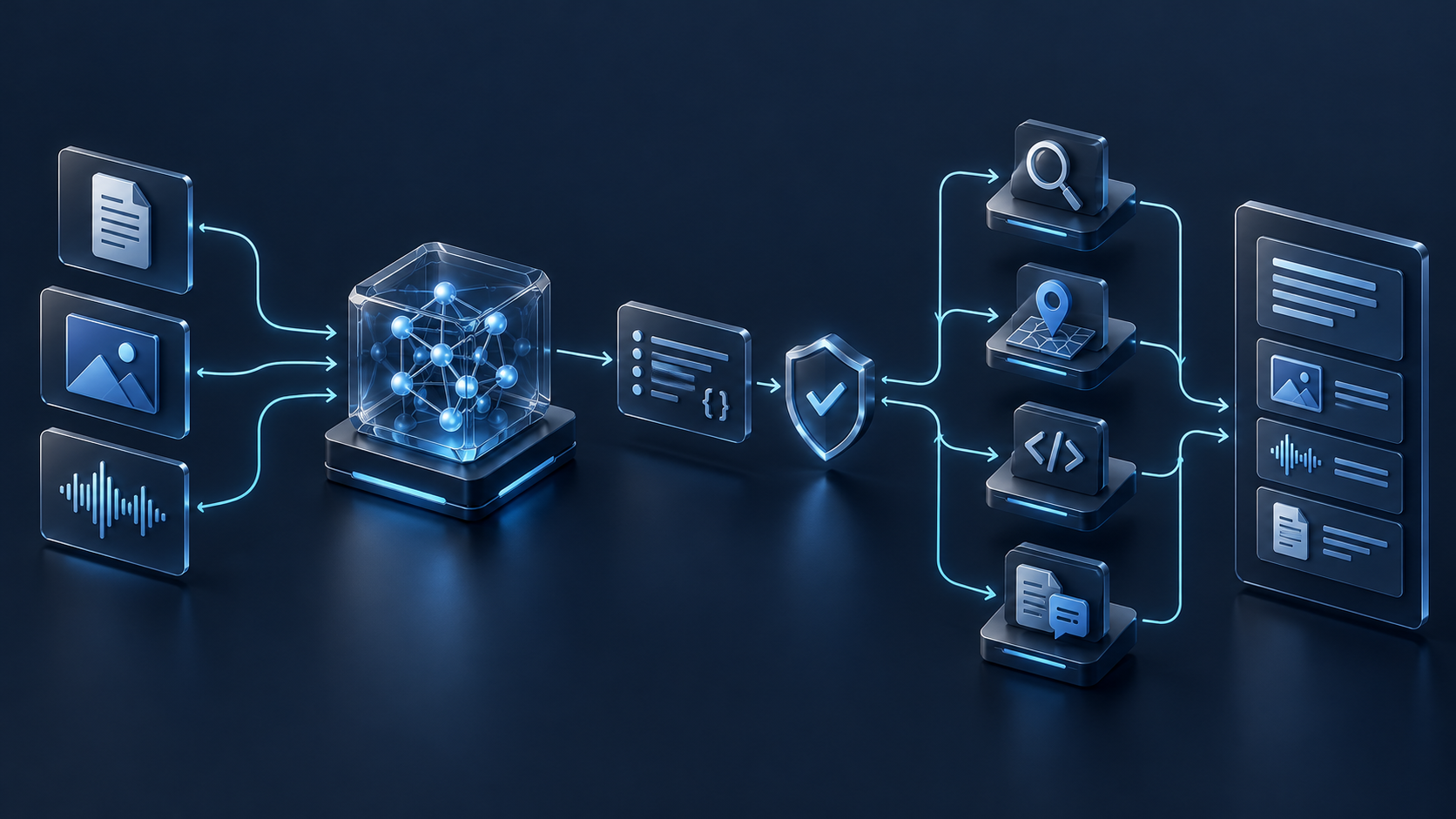 深蓝色 Gemini 工具工作流概念图：AI 助手使用文本、图像和音频输入，结合经过校验的搜索、地图、代码仓库与团队工具，汇总带来源证据的研究报告。