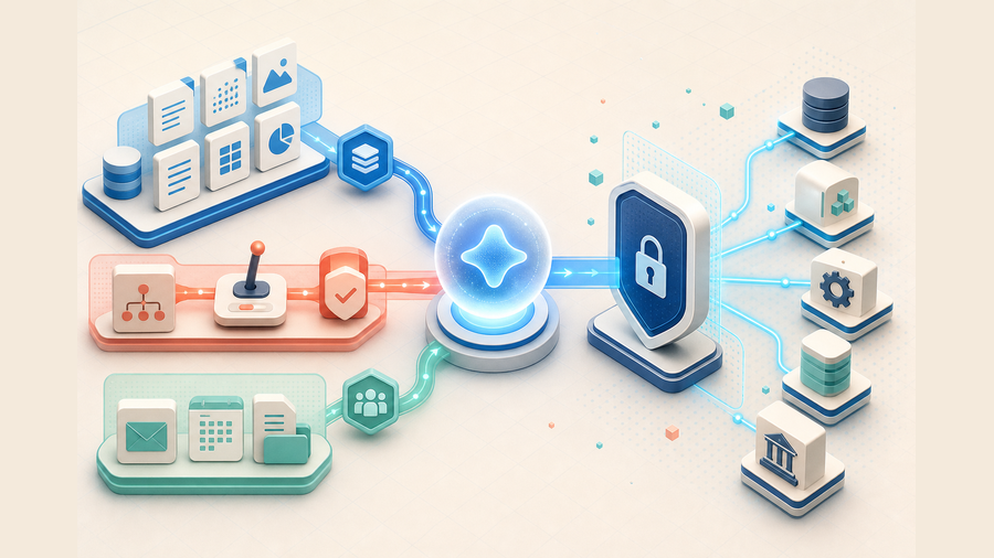 Three Microsoft Copilot workflow lanes for enterprise knowledge, business actions, and Microsoft 365 context passing through a secure API gateway