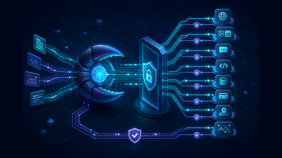 OpenClaw agent routing requests through a secure gateway to eight API capabilities