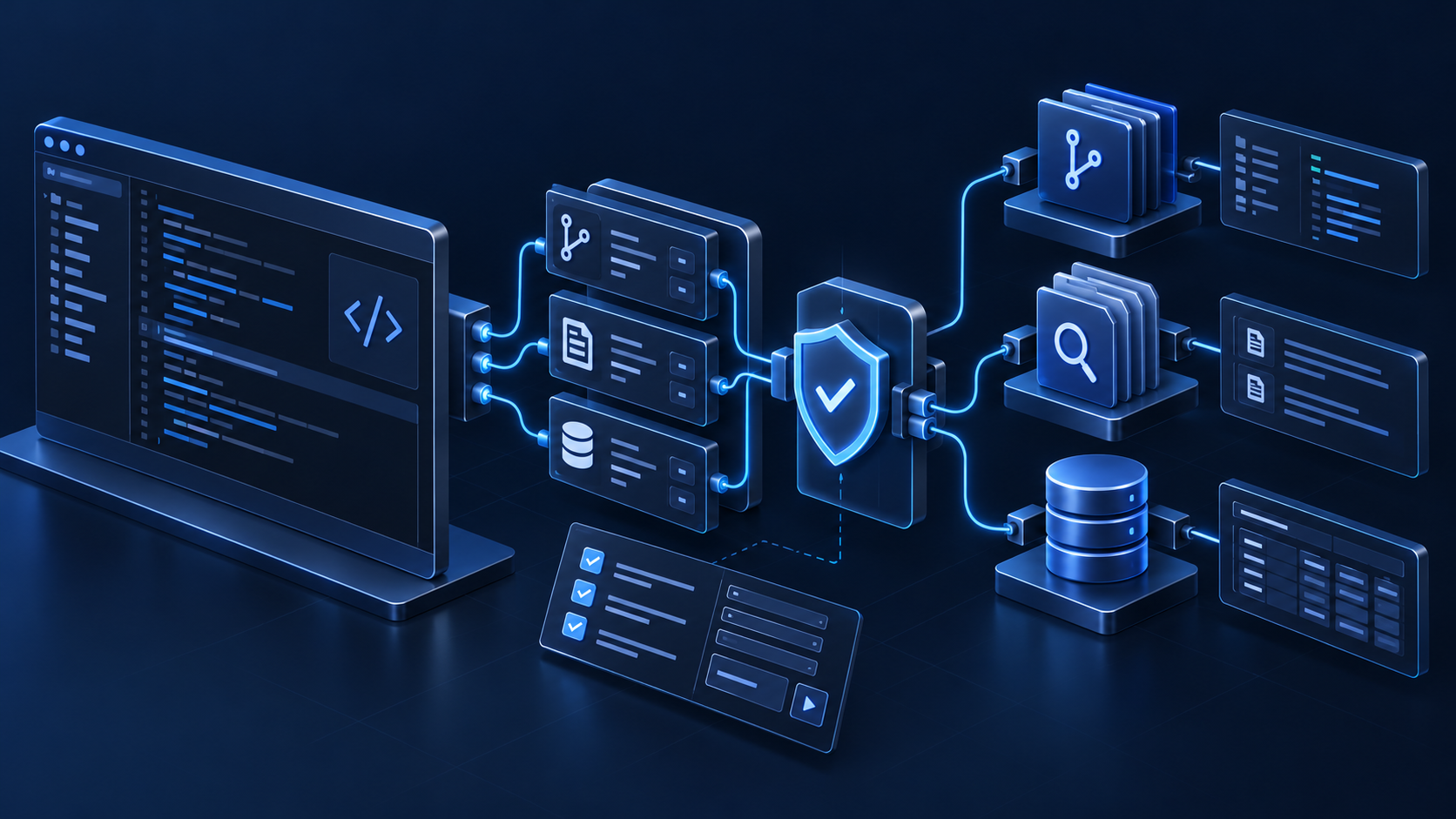 深蓝色 OpenCode 工具工作流概念图：AI 助手使用编码终端、MCP Schema 枢纽和权限校验，接入代码仓库、搜索与数据库工具，汇总带来源证据的研究报告。