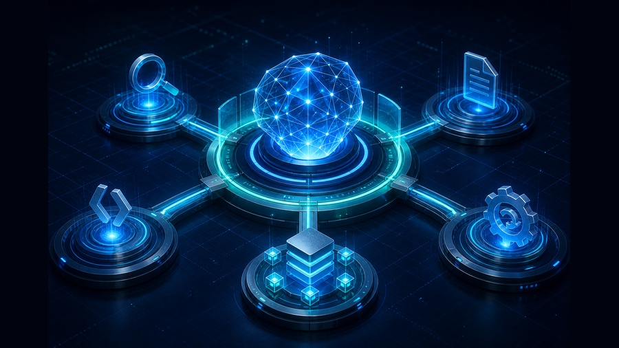 Qwen reasoning hub connecting securely to search, documents, code, data, and automation APIs