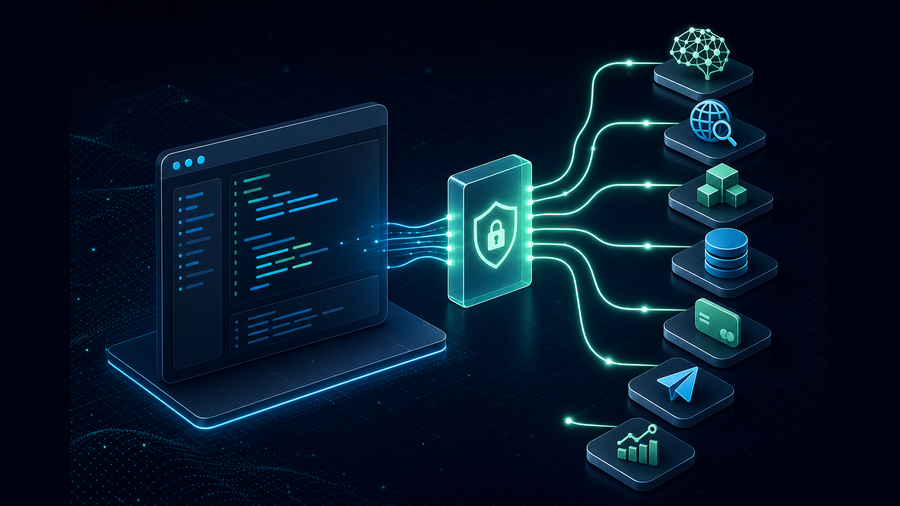 An AI coding agent routing requests through a secure gateway to multiple API capabilities