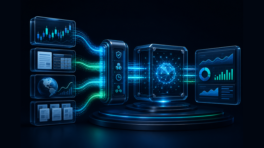 Financial market, fundamentals, macro, and filing data routed through a controlled API layer into an AI analysis workflow