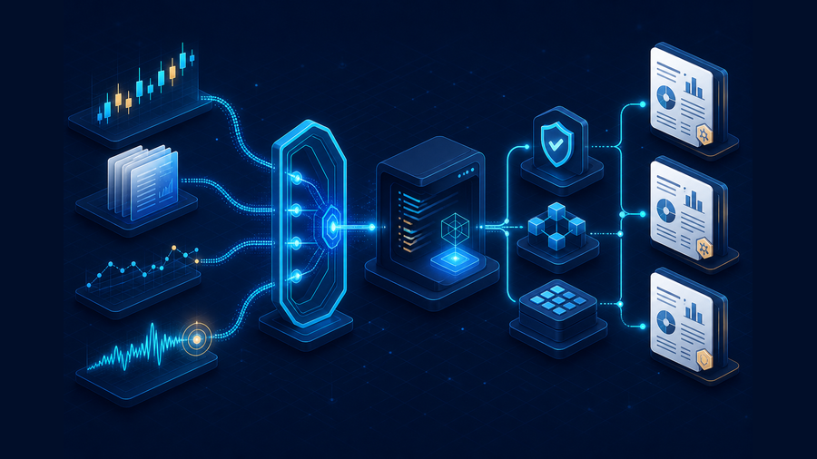 Financial data routed through validation into a Codex repository workflow