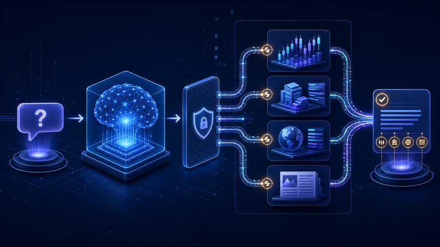 Controlled financial data routing from a user question through an AI model and guarded tool layer to verified sources