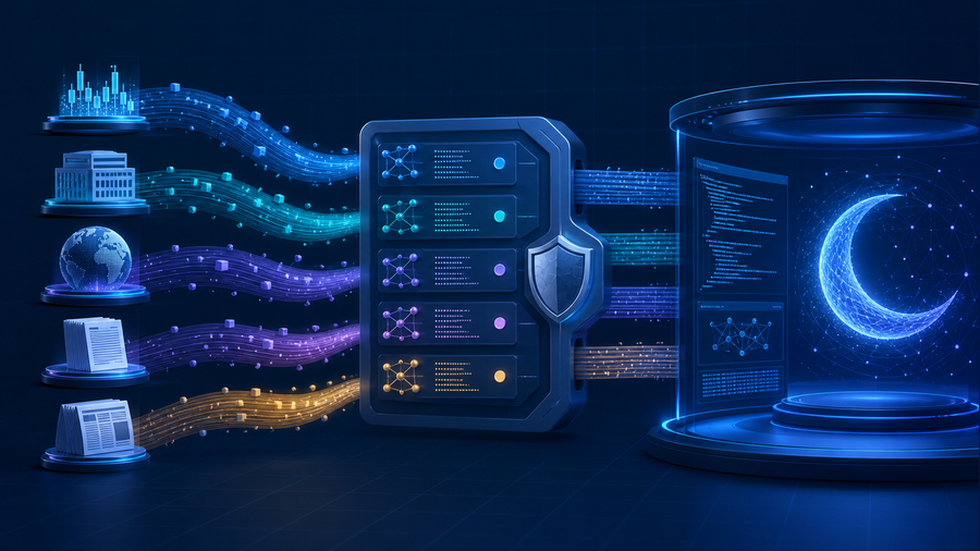 Financial data streams passing through a secure tool layer into a Kimi coding workflow
