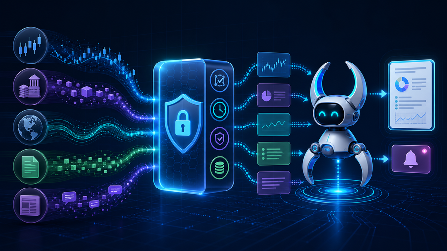 Financial data streams passing through a secure tool layer into an OpenClaw always-on agent workflow