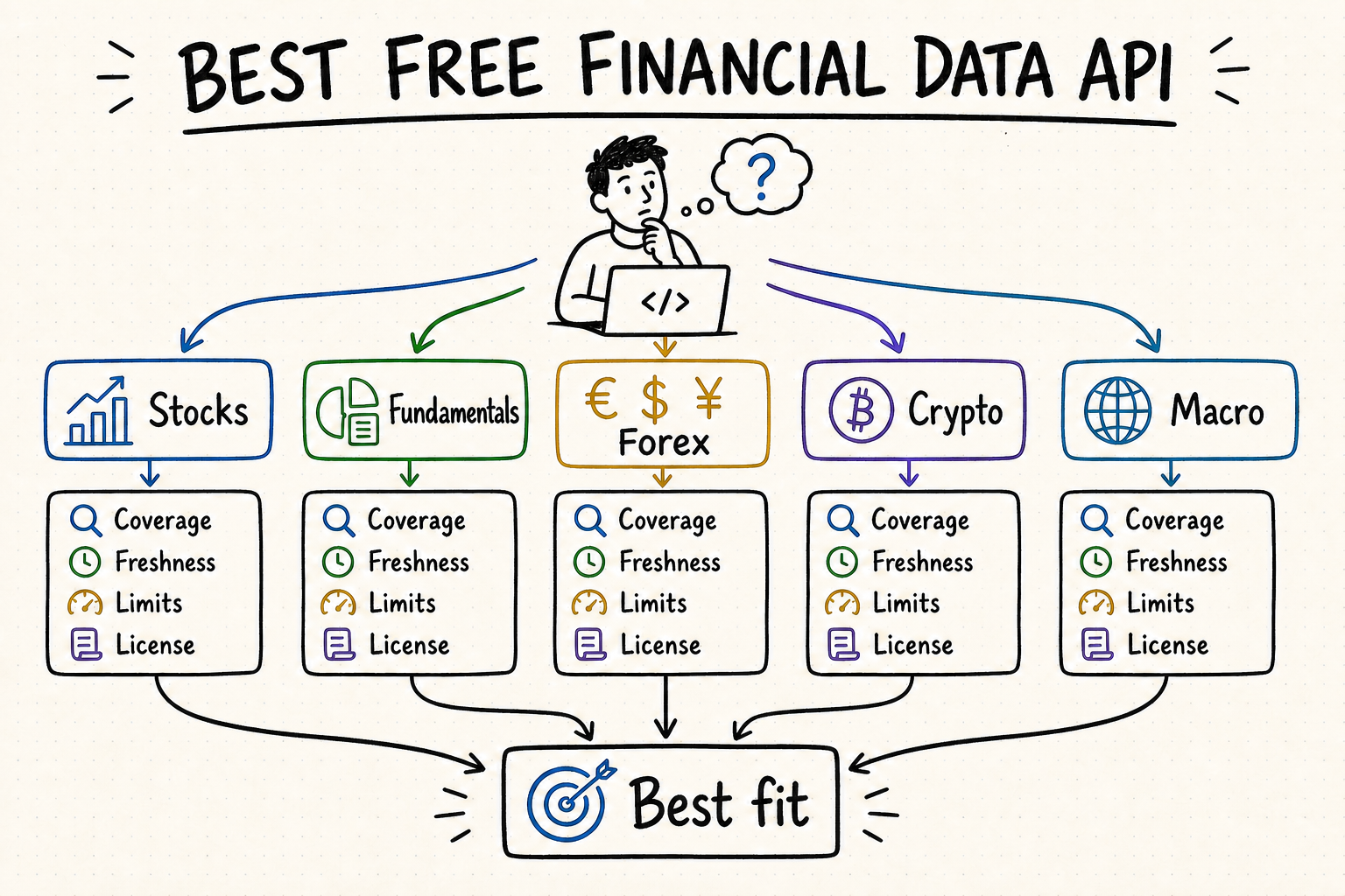 Hand-drawn decision map for choosing the best free financial data API by asset class, freshness, limits, coverage, and license