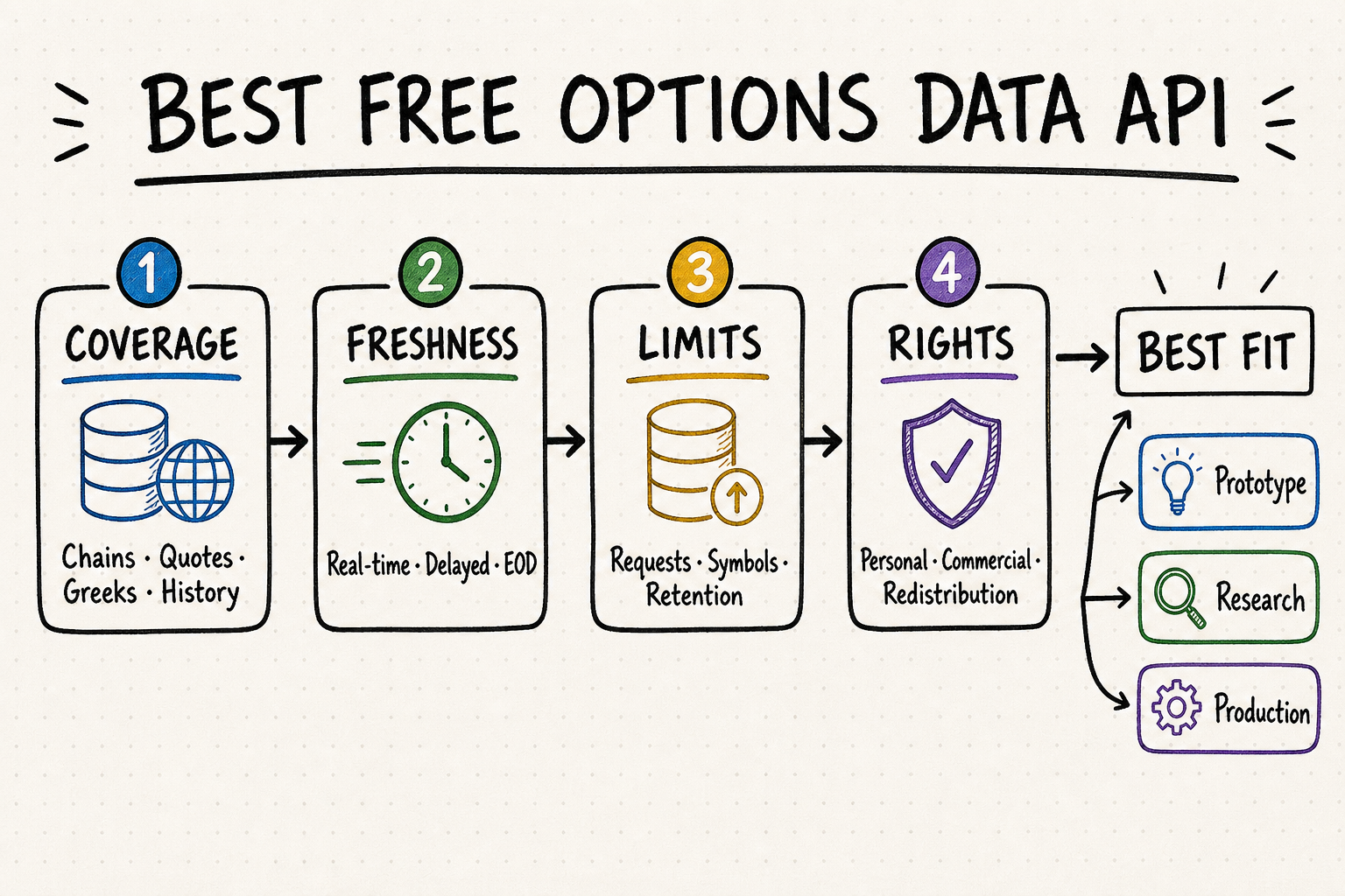 Hand-drawn decision map for choosing the best free options data API by coverage, freshness, limits, and rights