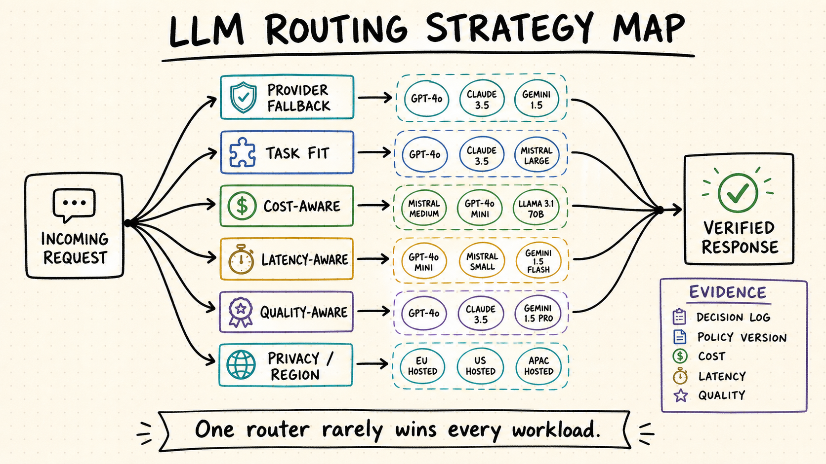 LLM routing map showing seven model and provider selection strategies with decision evidence