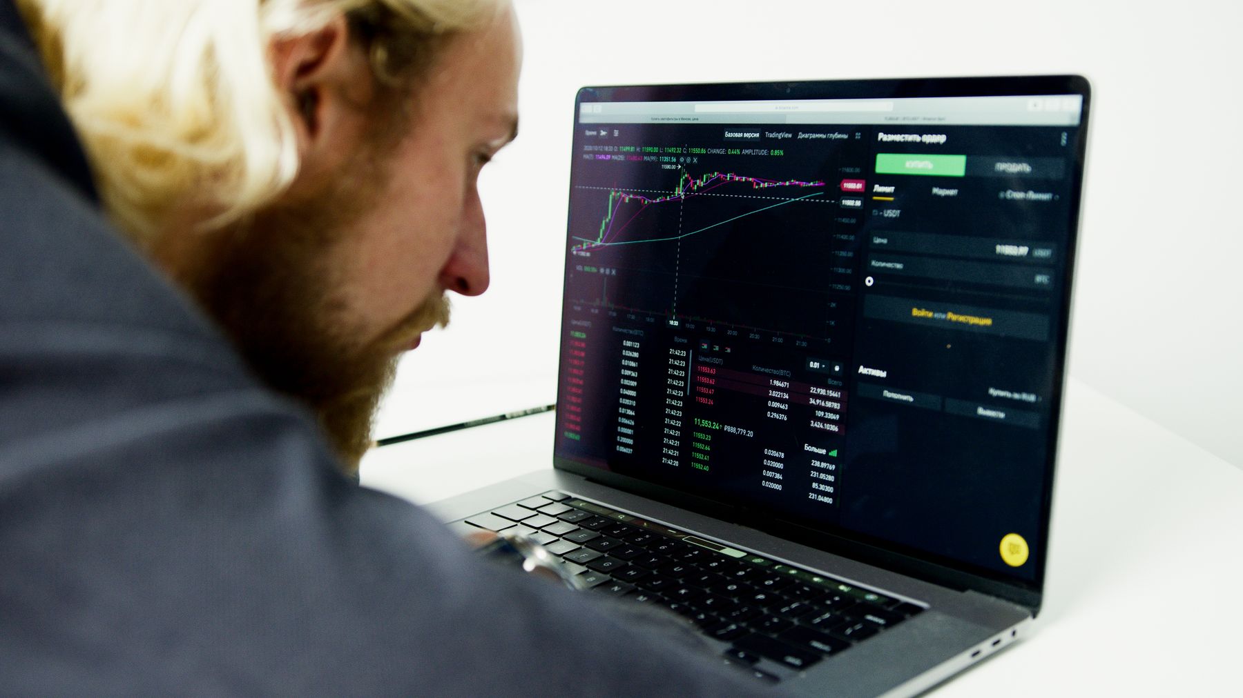 Person viewing price charts and market-data tables on a laptop.