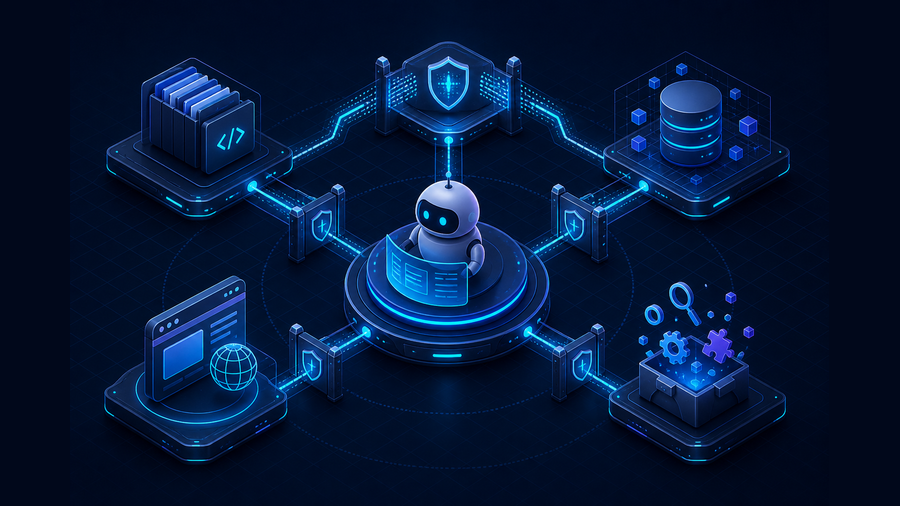 Permission-gated routing from Codex through MCP to code, databases, browser testing, and tool discovery