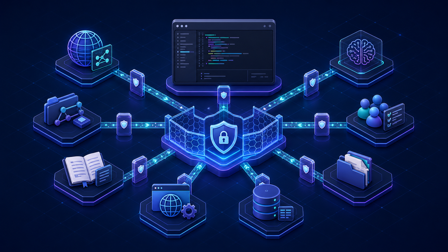 A code editor connected through security gates to data and developer tools