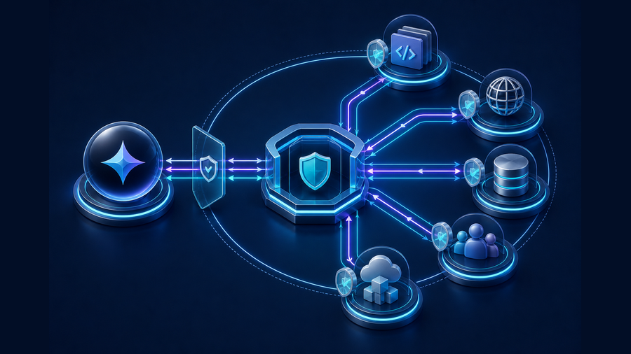 Permission-gated routing from Gemini through MCP to code, databases, browser testing, and tool discovery