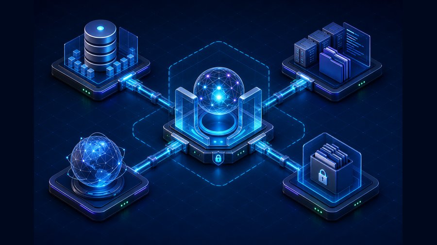 Secure capability routing from an AI model through an MCP client bridge to data, repositories, web knowledge, and controlled files