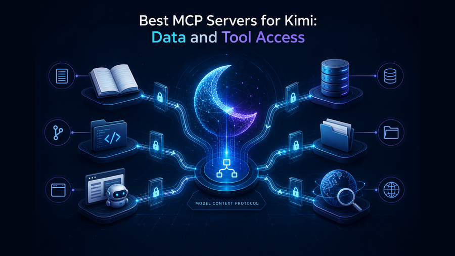 Kimi connected through an MCP hub to documentation, repositories, browser, database, files, and web data
