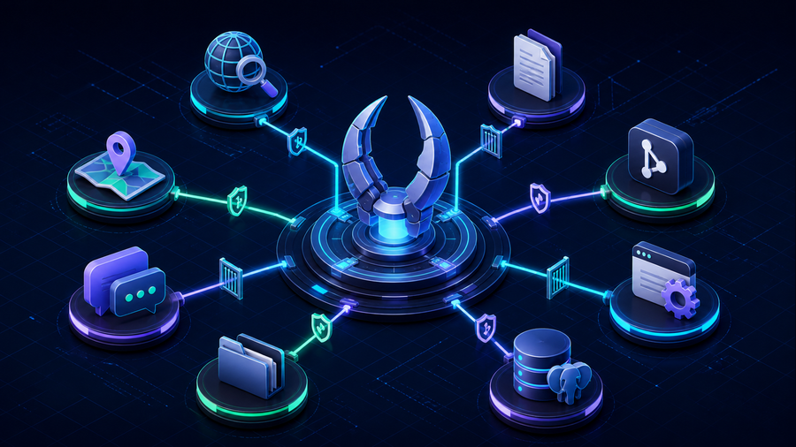 OpenClaw agent hub connected through permission gates to web, documents, repositories, browser, database, files, memory, and location data