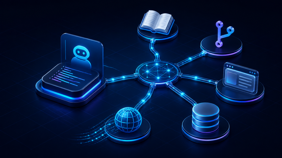 An AI coding agent connected through an MCP hub to documentation, repositories, browser, database, and web data