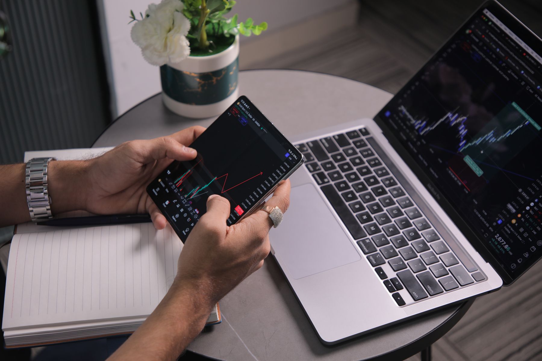 Hands holding a phone with a price chart beside a laptop displaying market charts.