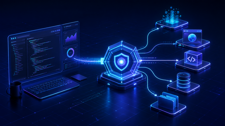 An AI coding agent connected through an MCP hub to documentation, repositories, browser, database, and web data