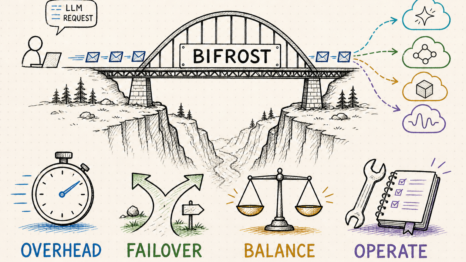 Hand-drawn Bifrost AI gateway bridge showing proxy overhead, failover, load balancing, and operational burden checkpoints