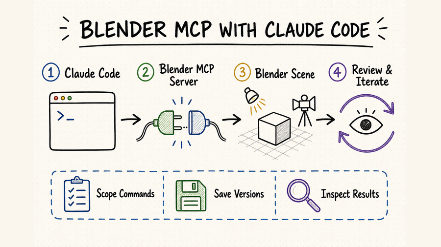 Hand-drawn workflow connecting Claude Code, a Blender MCP server, a Blender scene, and iterative review