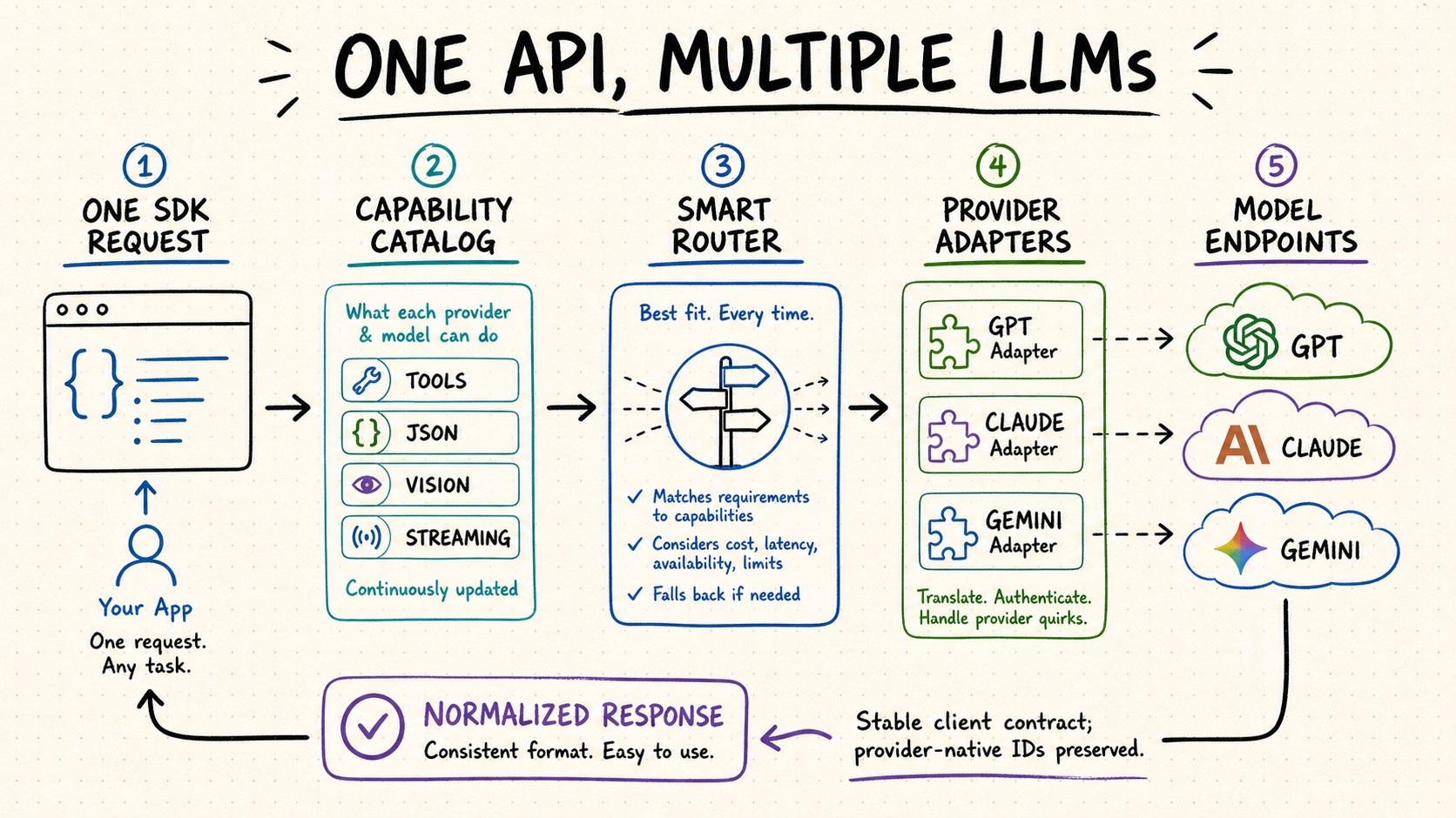 One API contract routing to GPT Claude and Gemini through capability-aware adapters