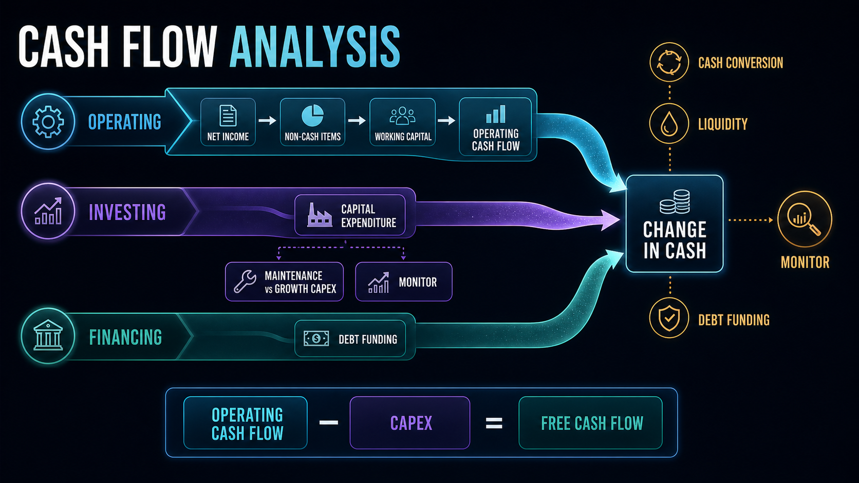Cash flow analysis map connecting operating, investing, and financing activities to cash change, free cash flow, liquidity, and monitoring