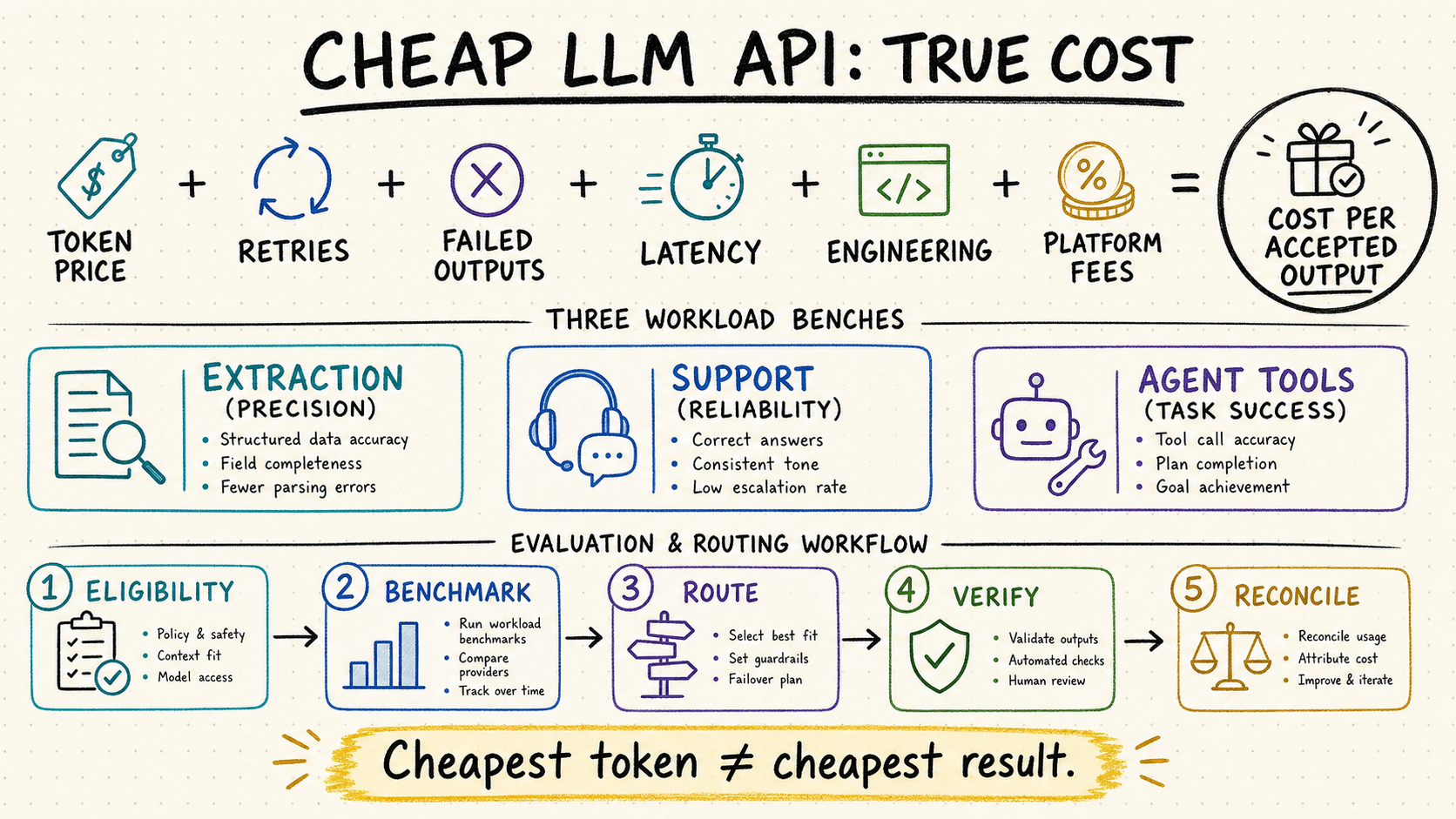 True cost laboratory calculating LLM API cost per accepted output across three workloads