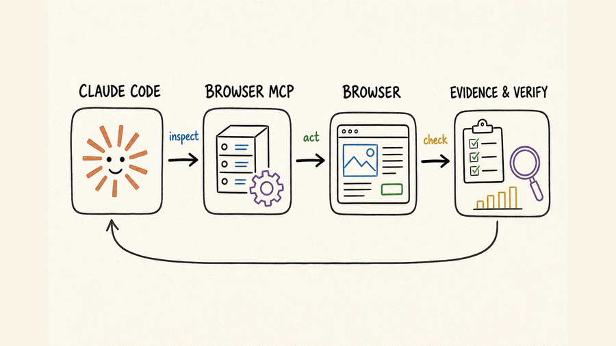Hand-drawn Claude Code browser MCP workflow from inspection through browser action to evidence and verification