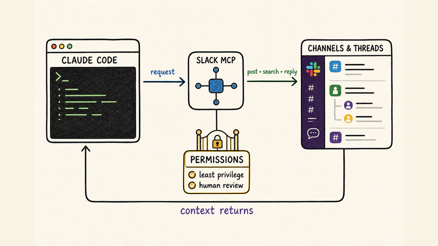 Hand-drawn workflow showing Claude Code using Slack MCP to search channels, post messages, reply in threads, and pass permission checks