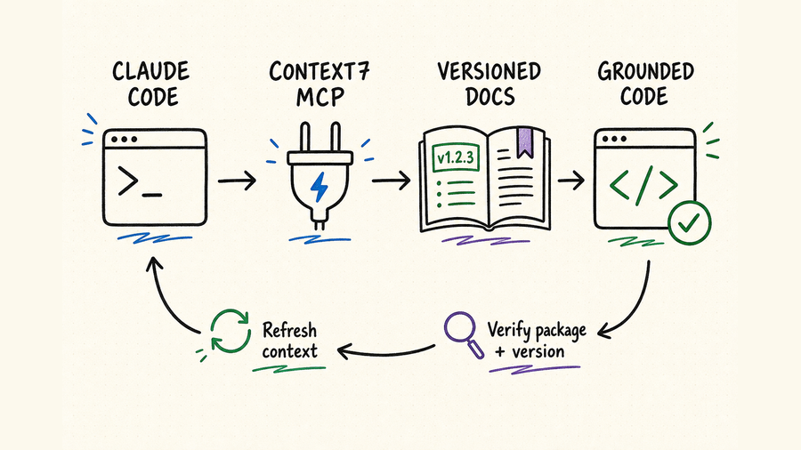 Hand-drawn workflow from Claude Code through Context7 MCP to versioned documentation and grounded code
