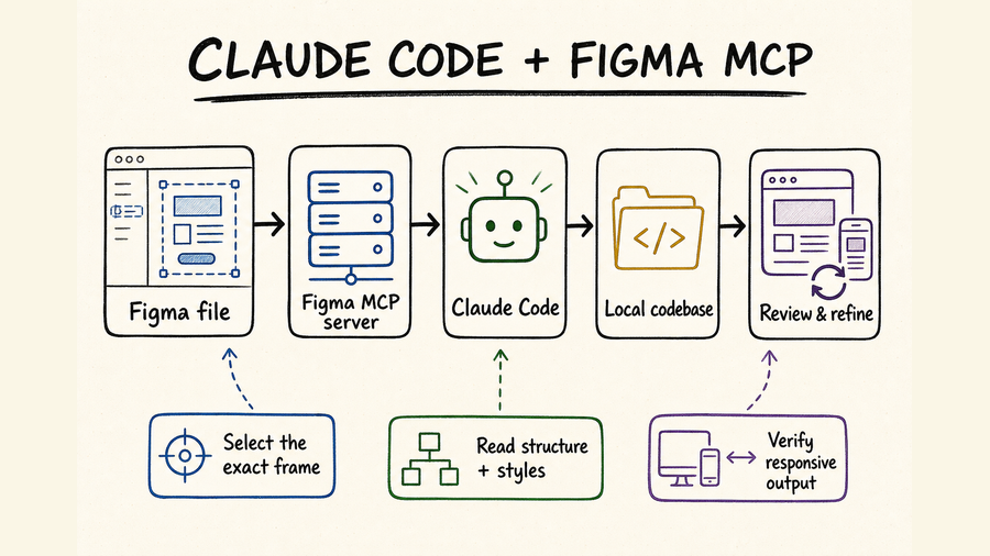 Hand-drawn workflow from a Figma file through the Figma MCP server and Claude Code to a local codebase and responsive review
