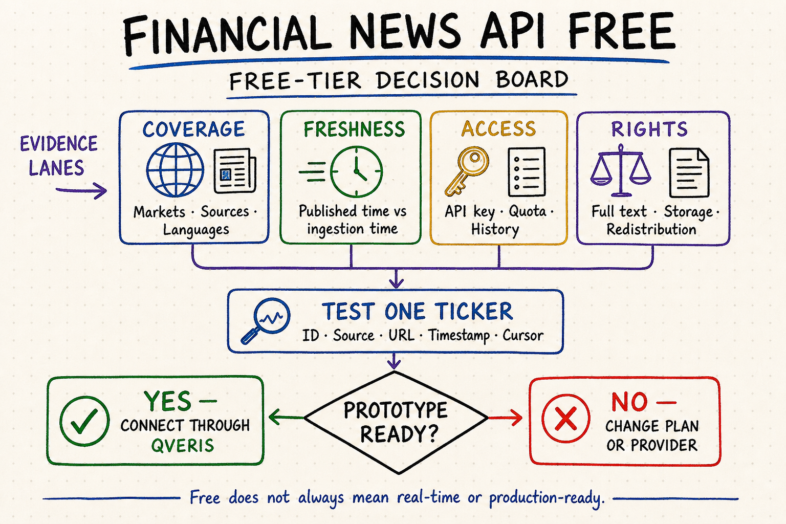 Financial news API free decision board comparing coverage, freshness, access limits, usage rights, ticker testing, and QVeris connection