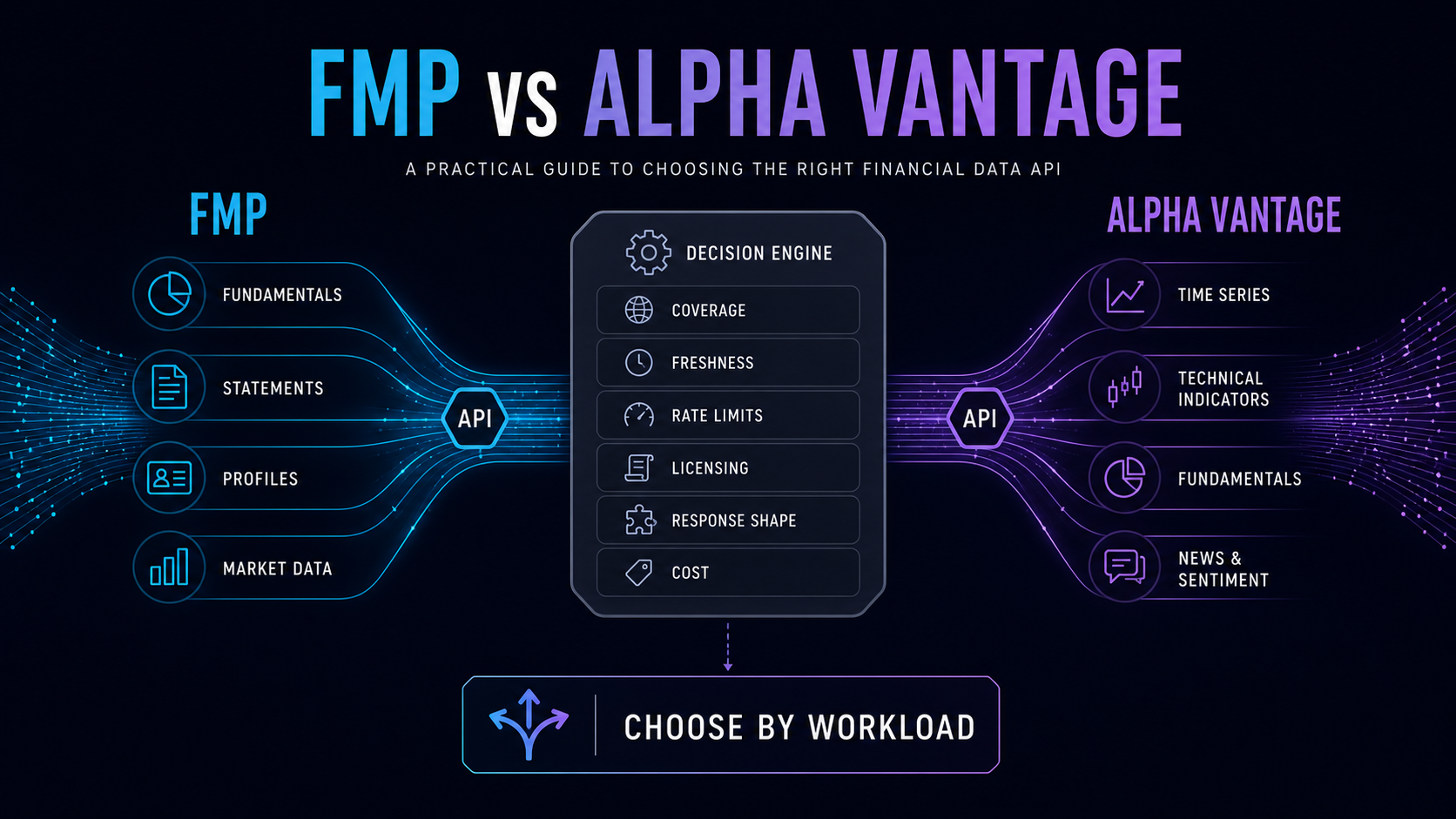 FMP versus Alpha Vantage comparison framework covering data categories, coverage, freshness, rate limits, licensing, response shape, cost, and workload fit