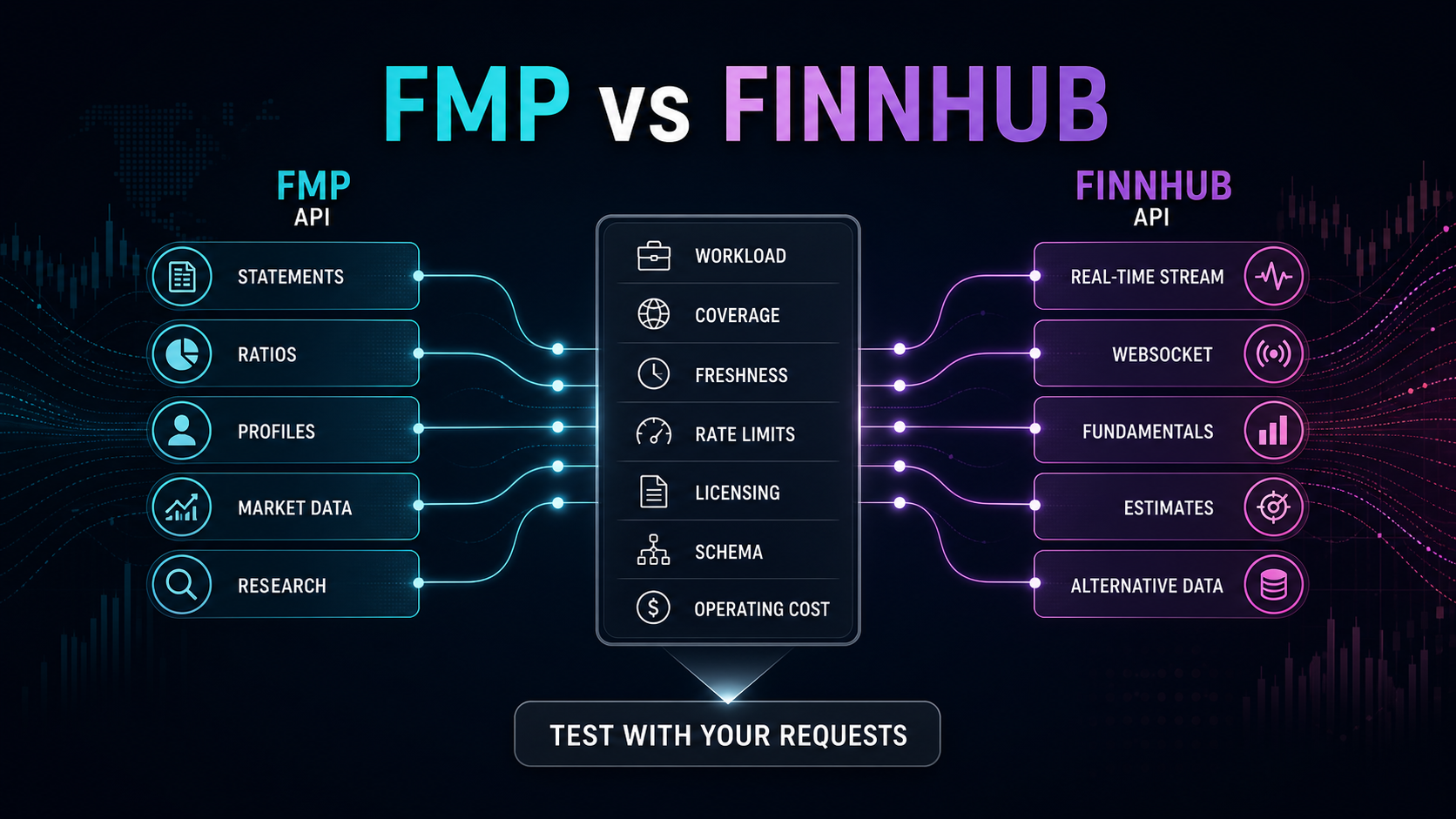 FMP versus Finnhub comparison architecture for statements, ratios, profiles, research, real-time streams, WebSocket, fundamentals, estimates, alternative data, licensing, and cost