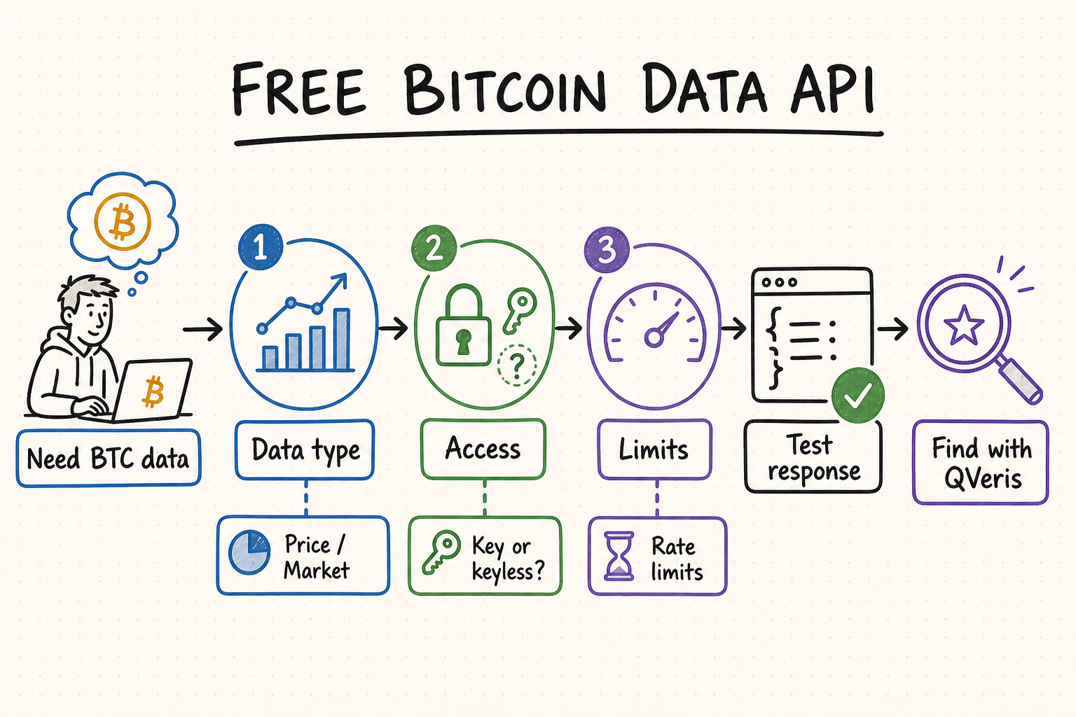 Whiteboard workflow for choosing a free Bitcoin data API by data type, authentication, rate limits, JSON testing, and QVeris discovery