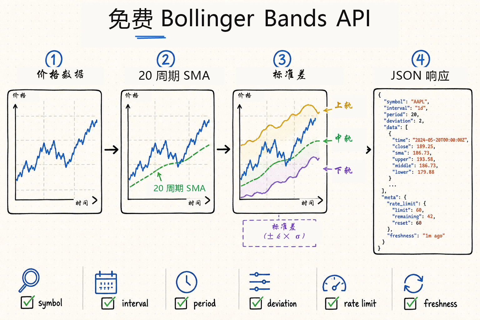 基于英文母版本地化的免费 Bollinger Bands API 白板：展示价格数据、20 周期 SMA、标准差、上轨中轨下轨和 JSON 响应
