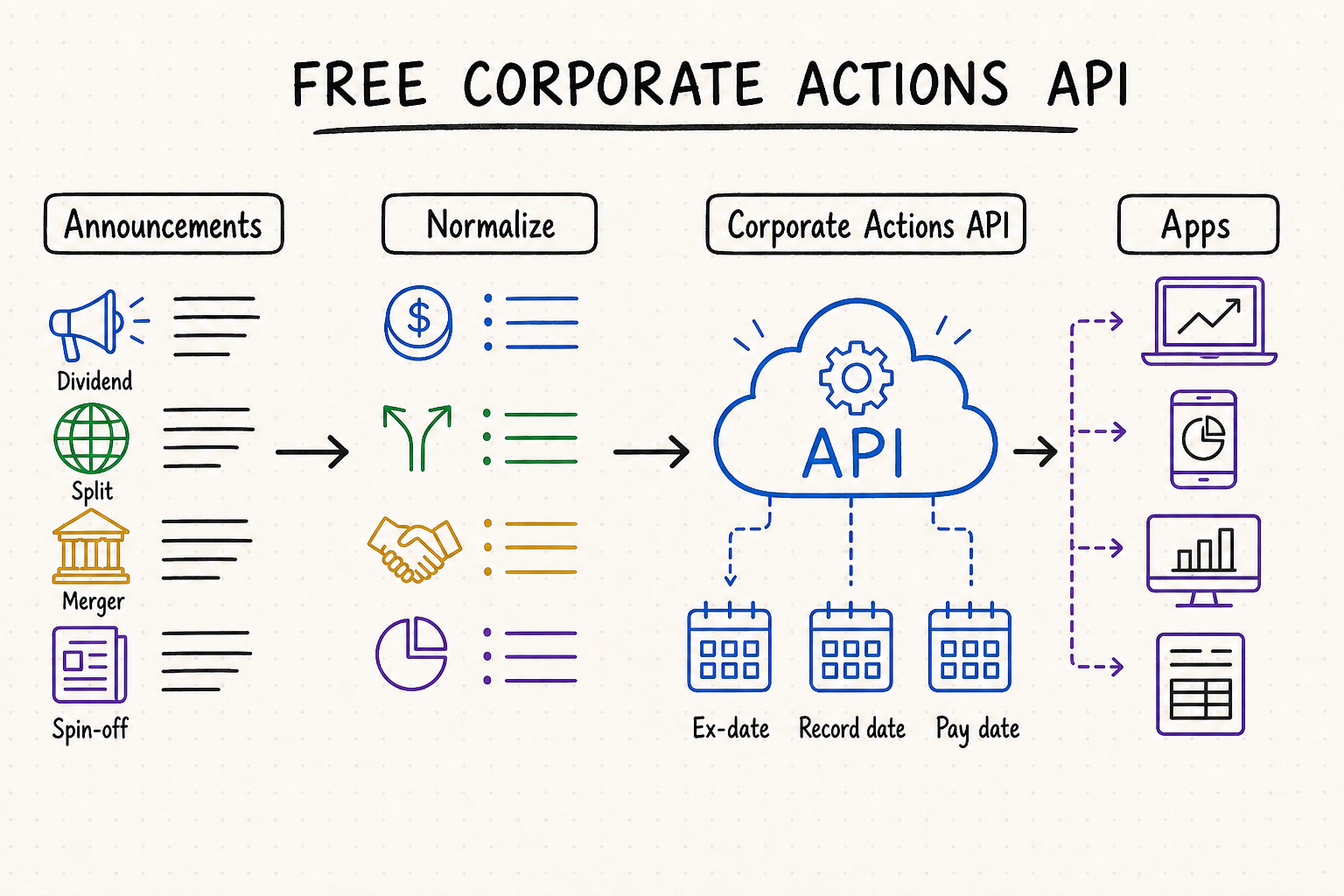 Free corporate actions API workflow from announcements and normalization to dividend, split, merger, spin-off, and application data