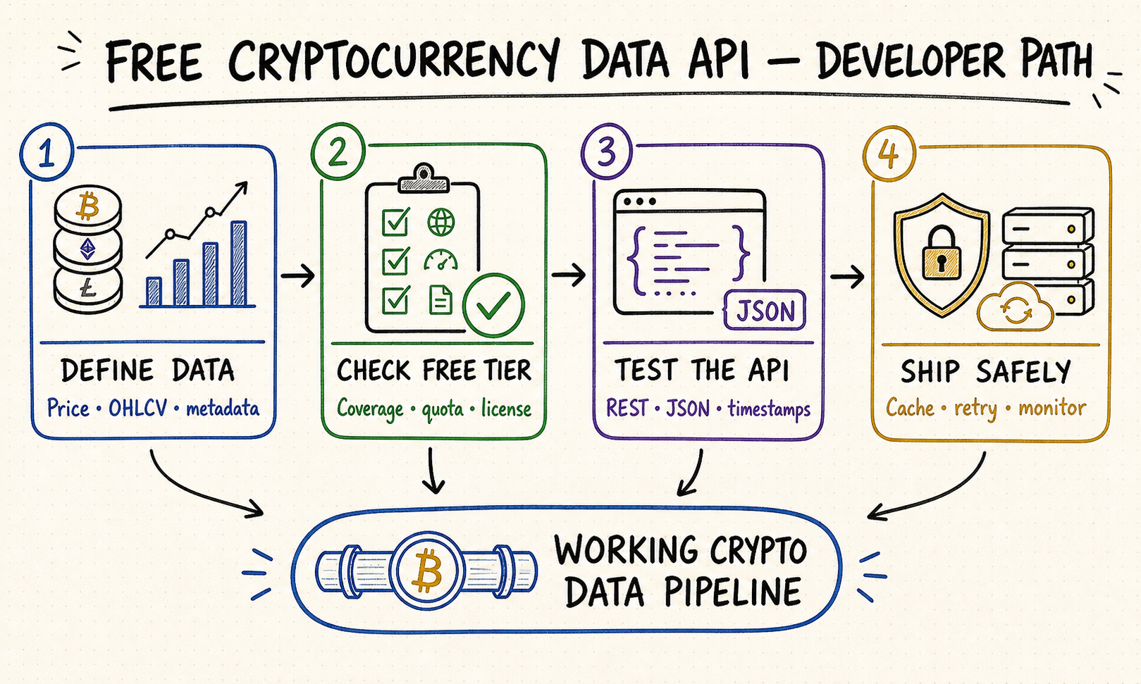 Developer path for defining crypto data, checking a free API tier, testing REST JSON responses, and adding production safeguards