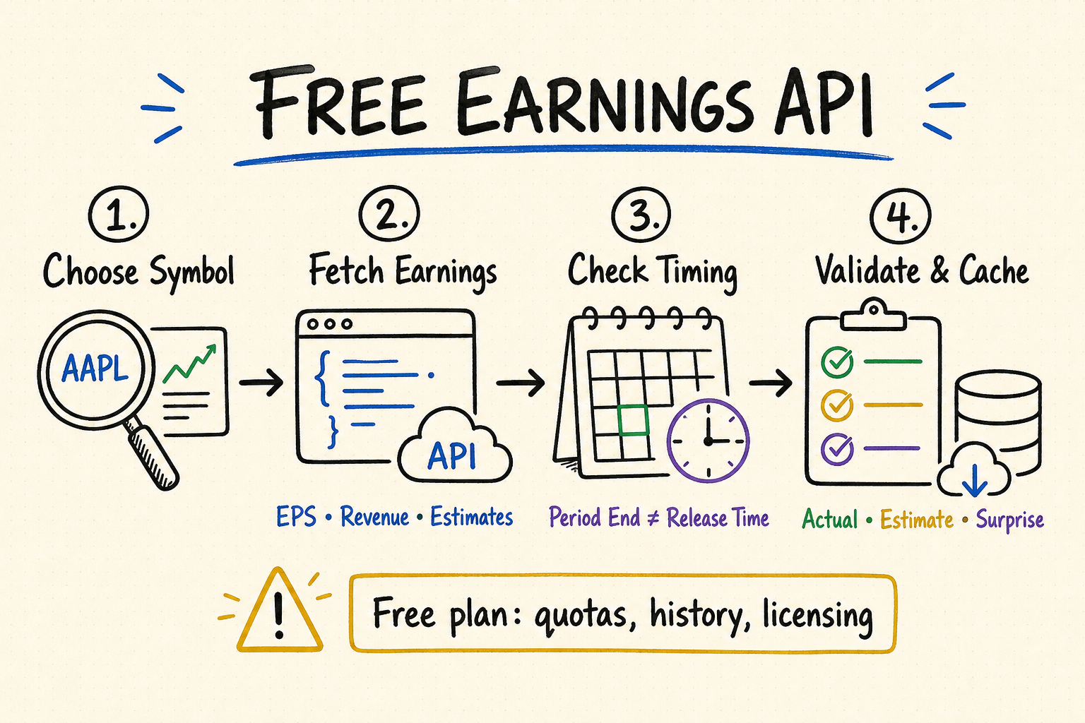 Hand-drawn workflow for evaluating a free earnings API by symbol lookup, earnings retrieval, release timing, validation, and caching