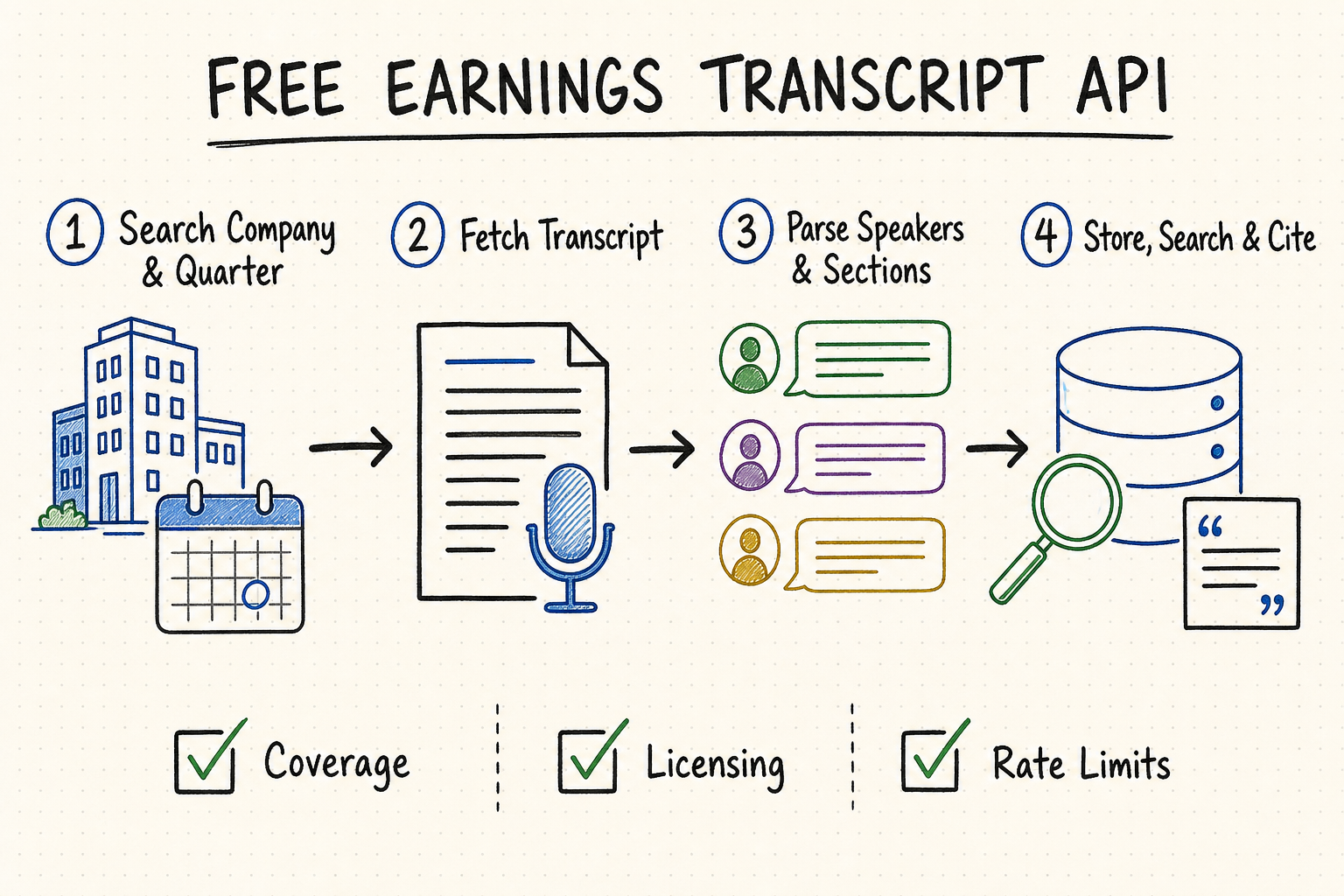 Hand-drawn workflow for finding, parsing, storing, and searching earnings call transcripts